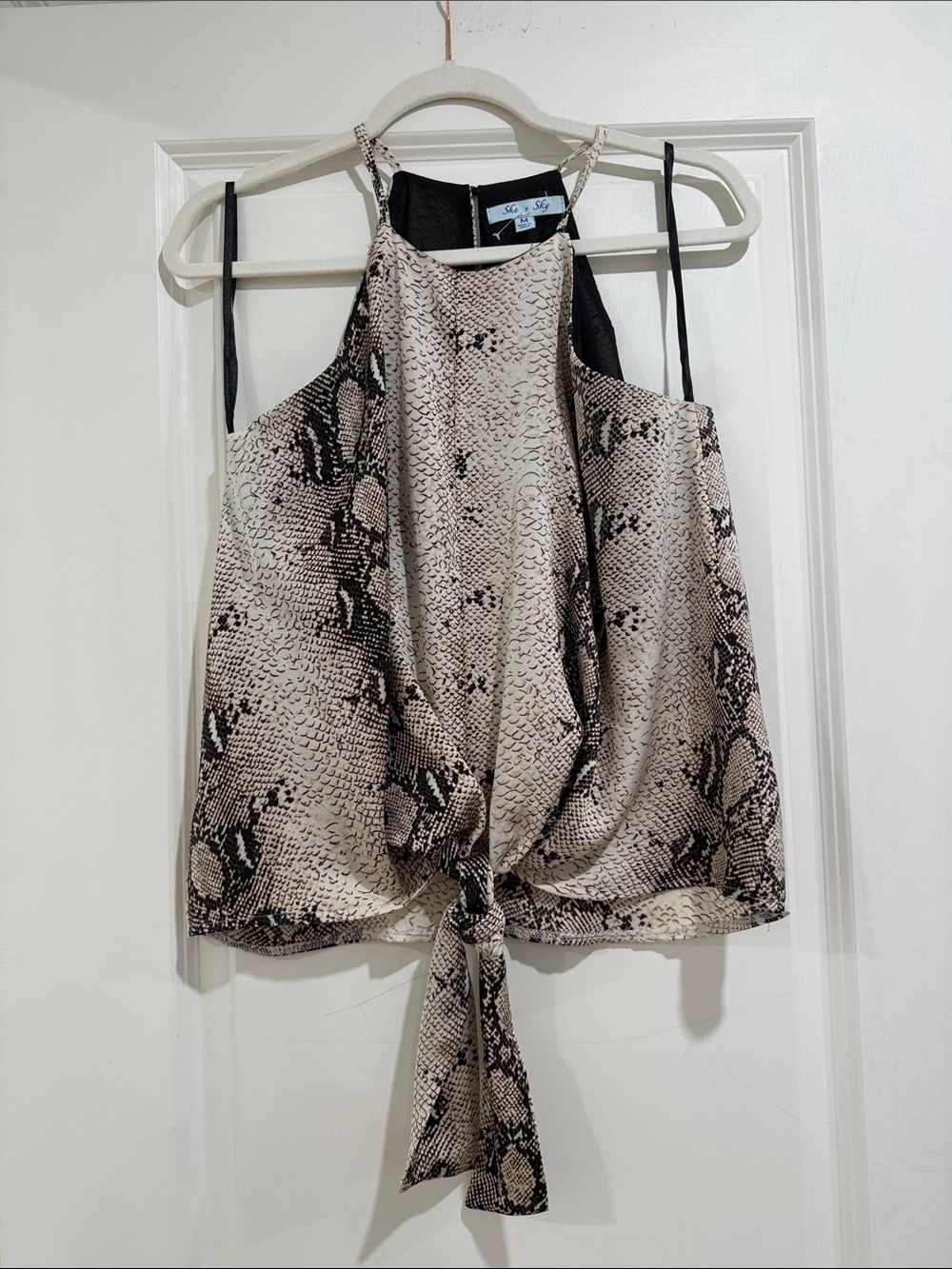NWOT She + Sky Snake-Print Tie-Front Camisole - Beige & Black Accents
